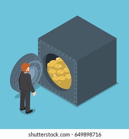 Businessman Standing in front of Safe Full of Money, Wealth and Saving Money Concept.