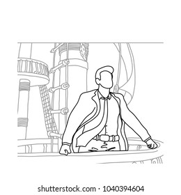 businessman standing at the front of the sail boat vector illustration sketch hand drawn with black lines isolated on white background
