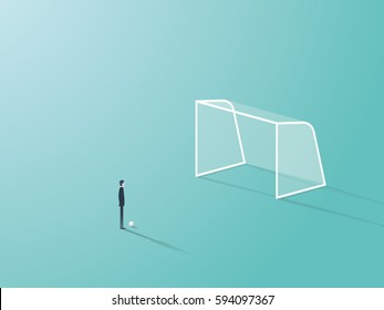 Businessman standing in front of soccer or football goal empty net with ball waiting to shoot or kick it. Eps10 vector illustration.