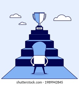 Businessman standing in front of stair that leads the trophy, Shortcut to success. Cartoon character thin line style vector.