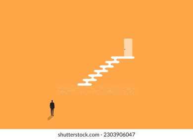 Businessman standing in front of stairs with door on top, Symbol of courage, ambition, having a goal, inspiration