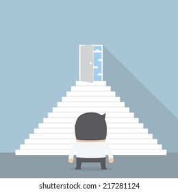 Businessman standing in front of the steps and looking at freedom door, VECTOR, EPS10