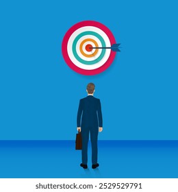 A businessman standing in front of the target, Challenge achieve aim for aspirational people concept illustration vector.