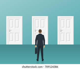 Businessman standing in front of three closed doors. Choice way concept. Decision business metaphor. Vector flat style design. Isolated on background. Human before choosing. Decide direction.