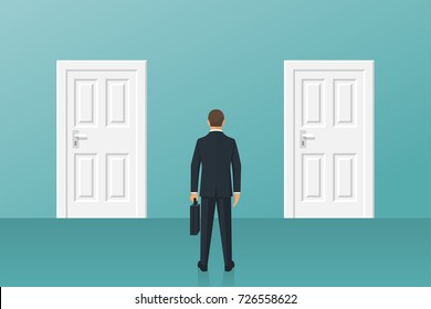 Businessman standing in front of two closed doors. Choice way. Decision business metaphor. Vector flat style design. Isolated on background. Human before choosing. Dilemma concept.