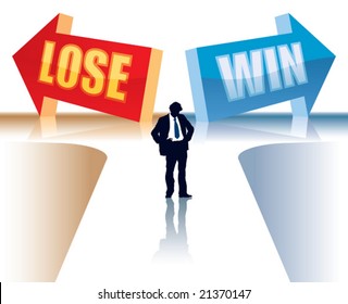 Businessman is standing in front of two direction signs.