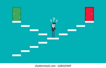 Businessman standing in front of two stairs choosing option between red or green door that go to different directions. Business concept. Flat style vector illustration.