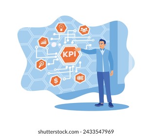 Empresario de pie frente a la pantalla virtual. Indicadores clave de rendimiento de KPI para el concepto de negocio. Concepto de KPI. vector plano ilustración moderna 