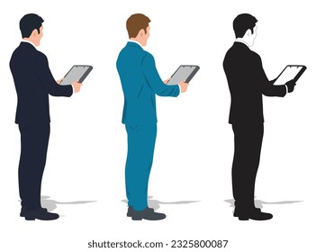 businessman standing in front of white background wearing a suit and holding a clipboard vector