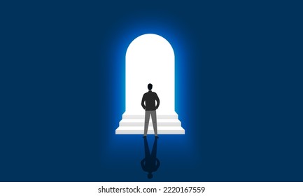 Businessman standing in front of the white door to success with stairs leading up Shows the success of the business that lies ahead just by doing it.