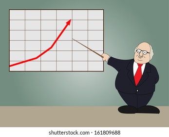 Businessman standing in front of whiteboard, presentation progressive arrow chart.