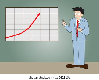 Businessman standing in front of whiteboard, presentation progressive arrow chart.