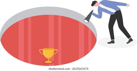 businessman standing in front of the winner trophy in the wall. Business obstacle concept.

