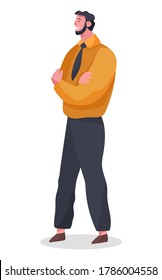 Empresario parado a plena altura con los brazos plegados cruzó la ilustración vectorial aislada en el fondo blanco. Personaje de negocios masculino en la oficina de ropa formal empleado o empleado que mira