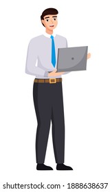 Businessman standing at full height holding opened laptop in his hands vector illustration isolated on white background. Man in formal clothes office worker or business man communicates using laptop