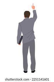 Businessman standing full length back view. Young handsome man wearing formal office suit, holding briefcase, pointing up. Vector realistic illustration isolated on white background.