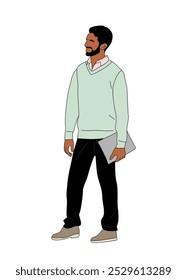 Hombre de negocios de pie de cuerpo entero dibujo de contorno de color. Hombre guapo en atuendo casual que sostiene la computadora portátil. Dibujado a mano ilustración de boceto de Vector aislado sobre fondo blanco.