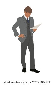 Businessman Standing Full Length And Reading Paper Documents. Handsome Man In Formal Three-piece Suit. Cartoon Male Character Vector Realistic Illustration Isolated On White Background.