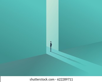 Businessman standing in a gate as a symbol of business opportunities, challenge, vision and future. Eps10 vector illustration.