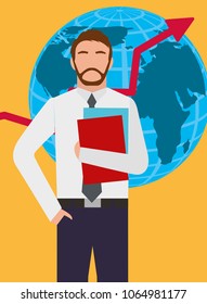 businessman standing with globe map and growth arrow