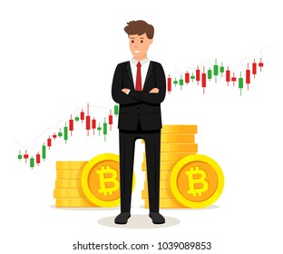 Businessman standing with golden bitcoin coins and trading graph diagram. ICO and cryptocurrency concept. Blockchain network technology. Vector illustration isolated on white background.