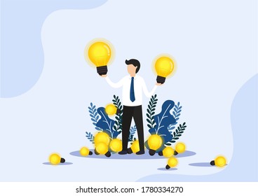 Businessman standing at golden stacks of coins. Investing and investing money in ideas. Looking for new creative thinking. vector, illustration, eps, flat style.
