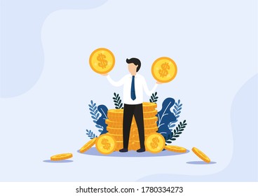 Businessman Standing At Golden Stacks Of Coins.Loan Offer, Bank Investments Or Refinancing. Reward For New Idea. Vector, Illustration, Eps, Flat Style.