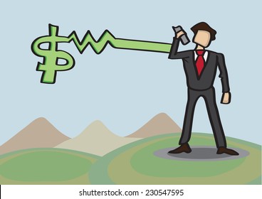 Businessman standing in golf course receives money news over mobile phone. Conceptual business vector illustration.