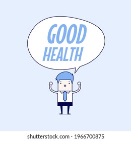 Businessman standing with good health word balloon, healthy lifestyle concept. Cartoon character thin line style vector.