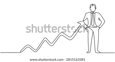 Businessman standing with a growing financial chart arrow line drawing