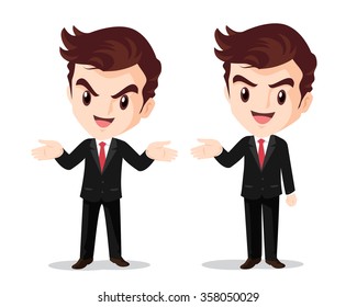 Businessman standing hand up presenting smart look.