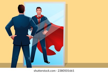 Businessman standing with hands on hips in front of a mirror seeing himself as a superhero. Symbol of confidence, self-belief, leadership, motivation, career growth and the pursuit of greatness