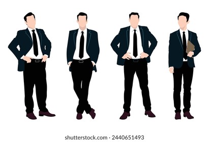 Hombre de negocios de pie con las manos en las caderas. Ilustración alegre confiada del carácter del hombre de negocios. Feliz vector de hombre de negocios. Un grupo de hombres de negocios de pie posa aislado sobre un fondo blanco.