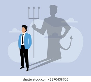 Businessman standing with hands on waist facing his own evil shadow 2d flat vector illustration