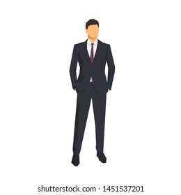 Businessman standing with hands in pockets. Abstract geometric vector illustration, front view. Flat design business people