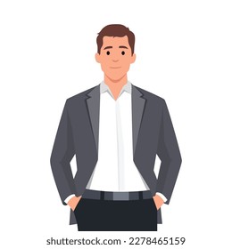 Businessman standing with hands in pockets. Abstract geometric vector illustration, front view. Flat vector illustration isolated on white background