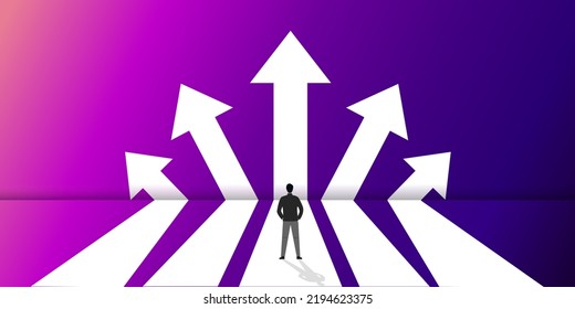 Businessman standing, having to decide which way to go An arrow pointing out five possible business scenarios for successful future business strategy goals. Vector illustration on purple background.