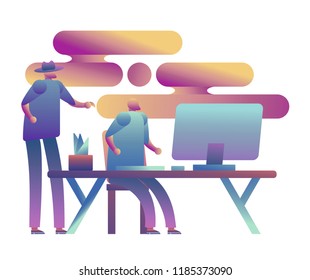 Businessman standing at her subordinate and making notes, office at background. Colorful cartoon character vector Illustration