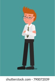 The businessman is standing with his arms folded on his chest. Vector illustration. Flat design style.
