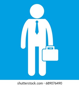 Businessman standing with his briefcase icon white isolated on blue background vector illustration