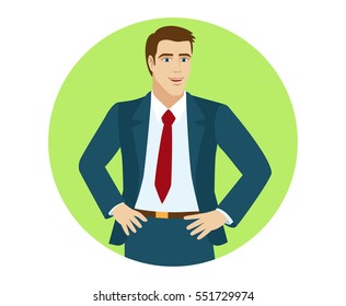 Businessman standing with his hands on his hips. Portrait of businessman in a flat style. Vector illustration.