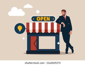 Businessman standing with his new opening company or store front. Owner and entrepreneur start small business or retail shop, open store front or online shop concept.