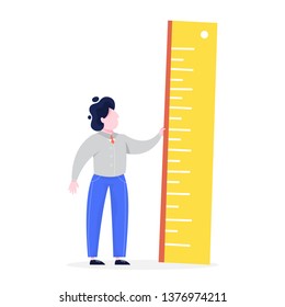 Businessman standing and holding big ruler. Idea of aspirations and measurement. Analysis and expertise. Isolated vector illustration in cartoon style