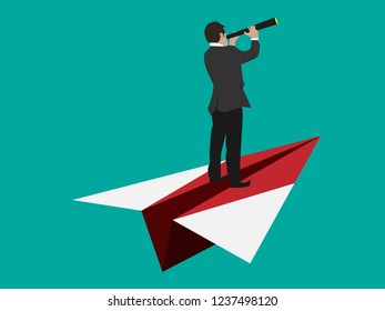 Businessman standing holding binocular on paper airplane red go to target flying. concept of business success. startup. creative idea. leadership vector illustration