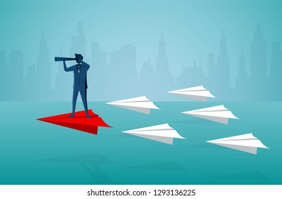 Businessman standing holding binocular on a red paper plane competition and white. go to target business success. startup. leadership. illustration cartoon vector