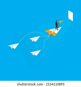 Businessman standing holding binocular on paper airplane go to flag orange. on blue background. go to goal and business finance success. leadership. creative idea. cartoon vector illustration