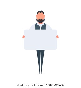 A businessman is standing and holding a blank poster with a place for the text. Man holding blank banner isolated on white background. The guy shows the poster. Vector.