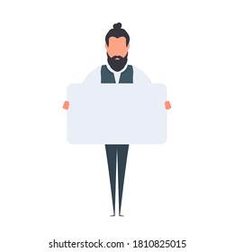 A businessman is standing and holding a blank poster with a place for the text. Man holding blank banner isolated on white background. The guy shows the poster. Vector.