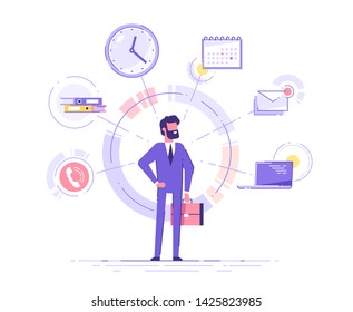 Businessman is standing and holding briefcase with office icons on the background. Multitasking and time management concept.  Effective management. Vector illustration.