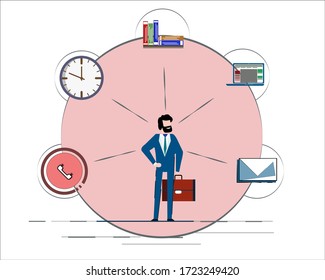 Businessman is standing and holding briefcase with office icons on the background. Multitasking and time management concept. Effective management. Vector illustration. Eps 10.